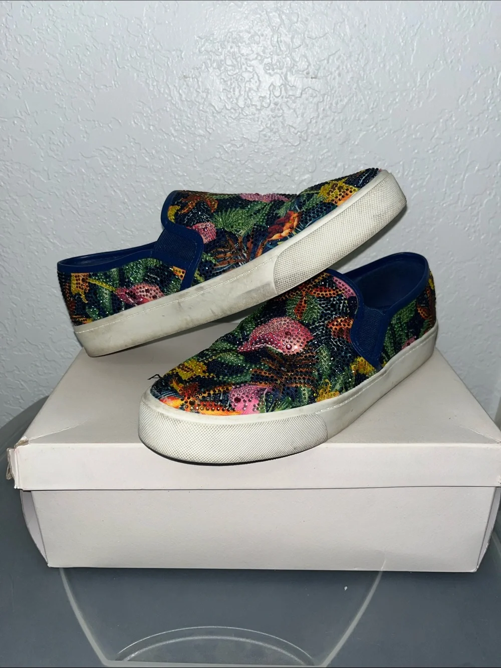 Alex Marie Floral Rhinestone Slip-On Sneakers in Navy, Pink, Green, Yellow